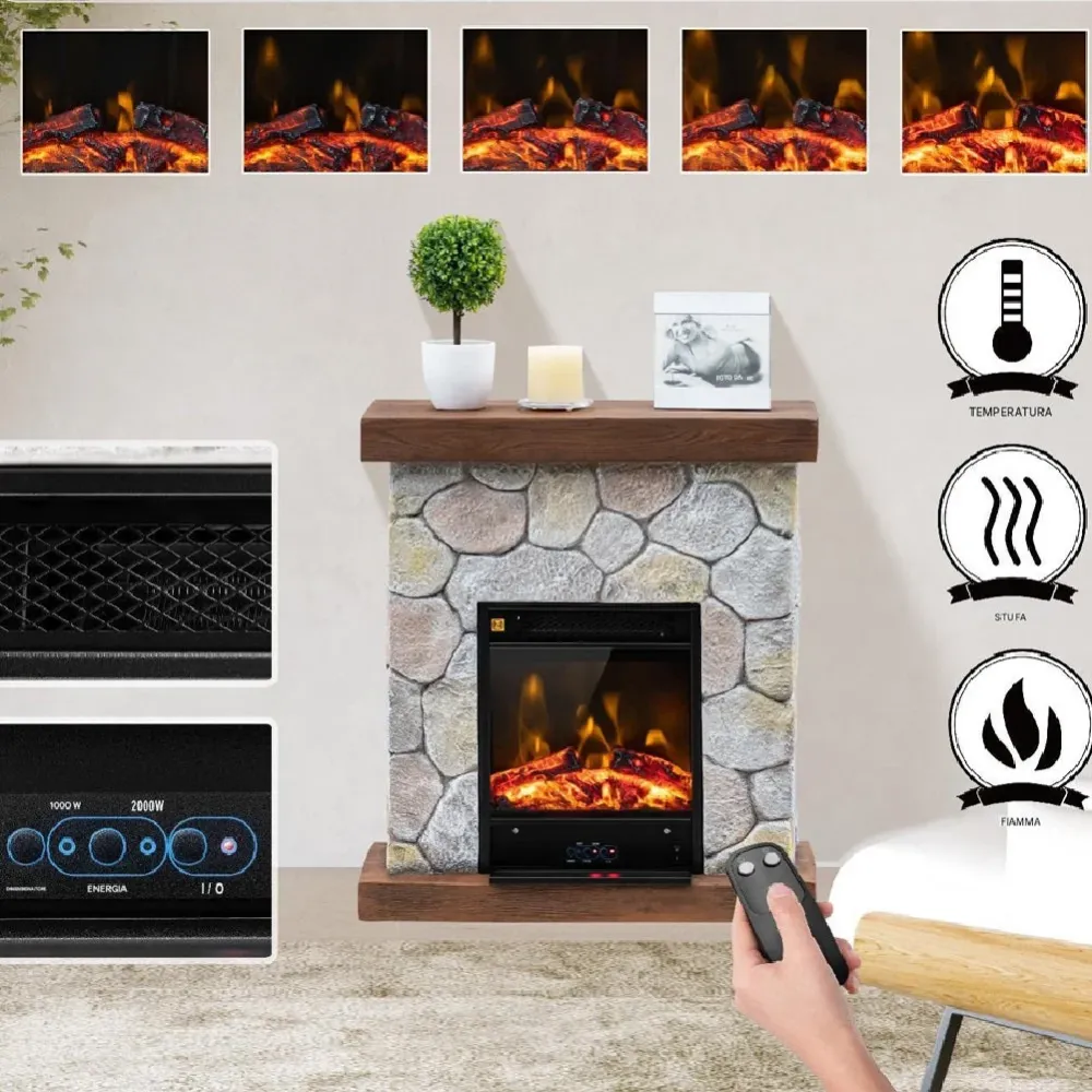 Camino Elettrico con Fiamma Realistico Telecomando Riscaldamento 2000W 60x23H66cm