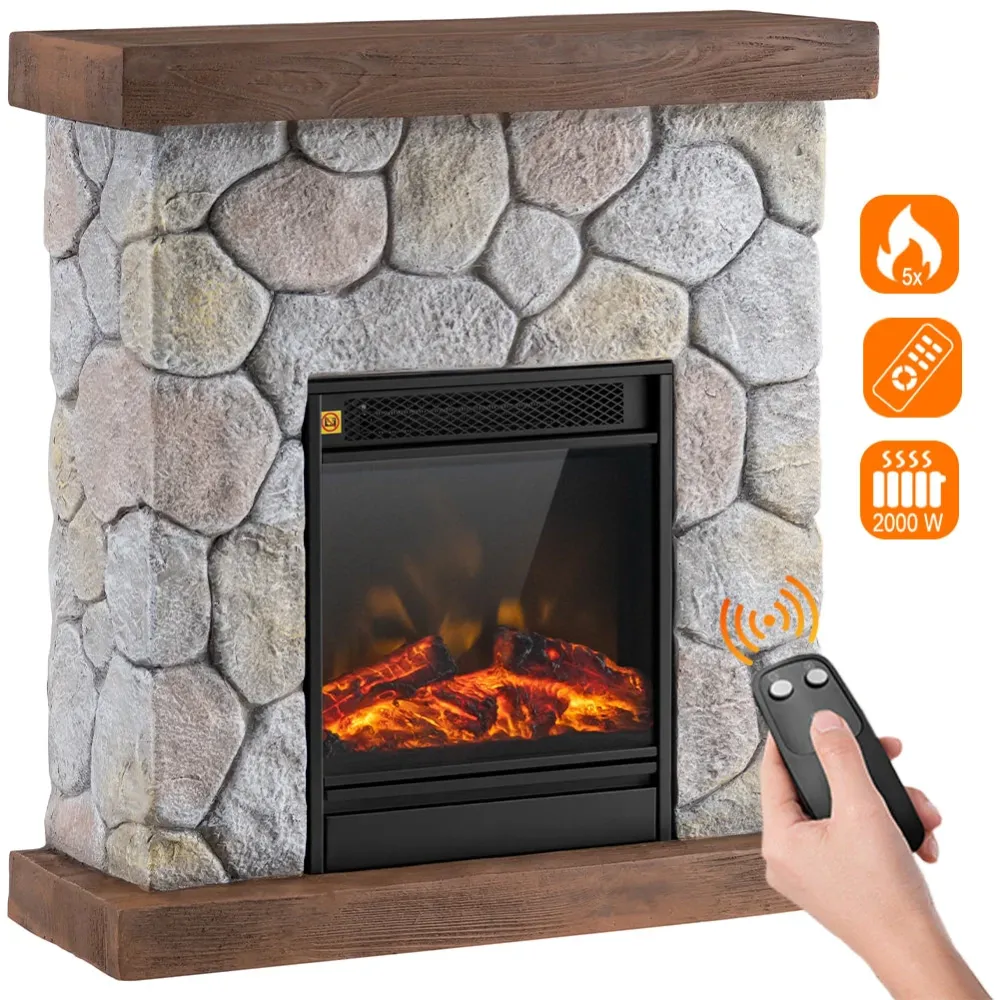 Camino Elettrico con Fiamma Realistico Telecomando Riscaldamento 2000W 60x23H66cm