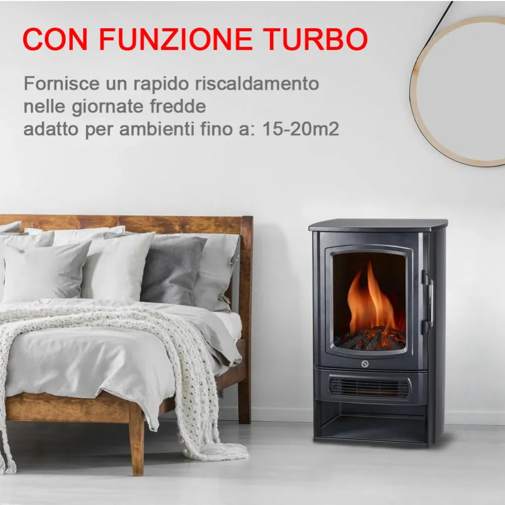 Camino Elettrico con Riscaldamento Effetto Fiamma LED Stufa 2000 W e Termostato