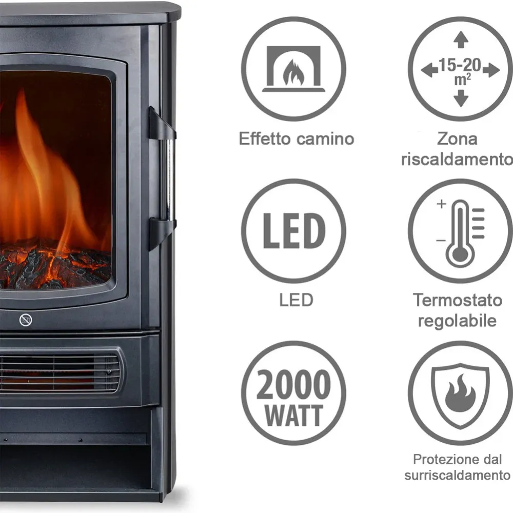 Camino Elettrico con Riscaldamento Effetto Fiamma LED Stufa 2000 W e Termostato