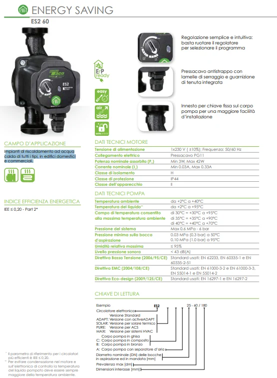 Circolatore inverter per riscaldamento ES2 25-60/180 -ATT.1'1/2 INT.180