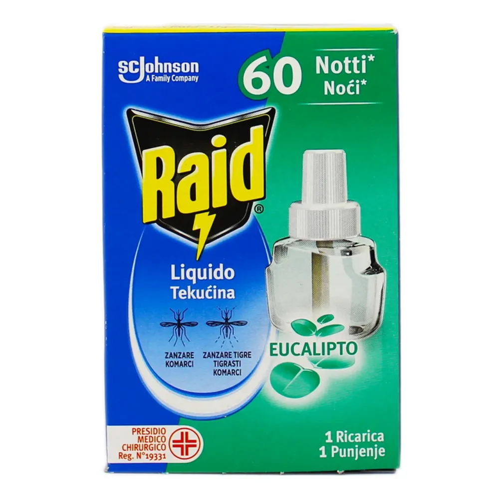 RAID Ricarica Liquida Antizanzare 60 Notti - Eucalipto, Zanzare Comuni & Tigre, Protezione Elettrica, PMC