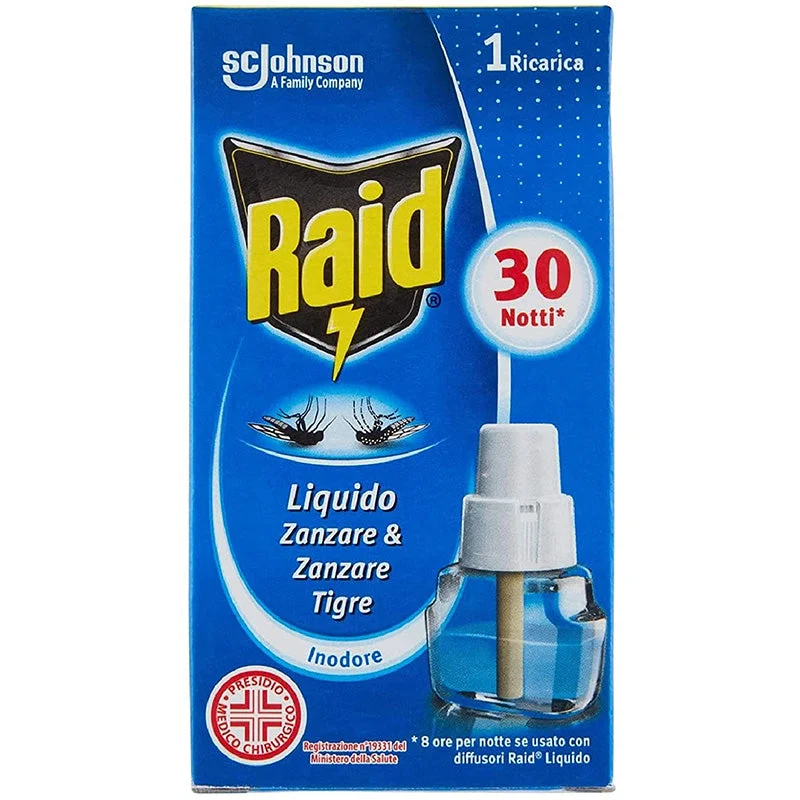 Raid Ricarica Liquida Antizanzare 30 Notti - Inodore, Zanzare Comuni & Tigre, Protezione 20m Cubi, PMC