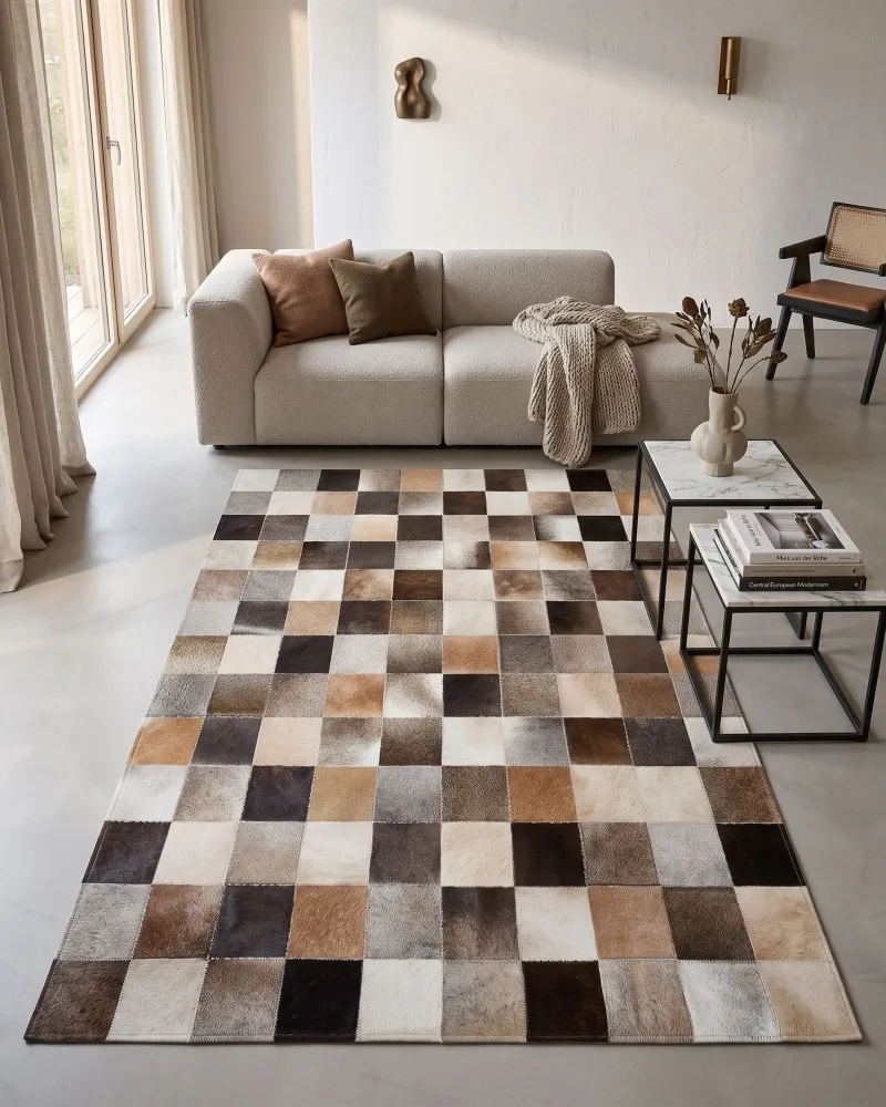 Tappeto pelle marrone panna e grigio 160 x 230 cm SOKE