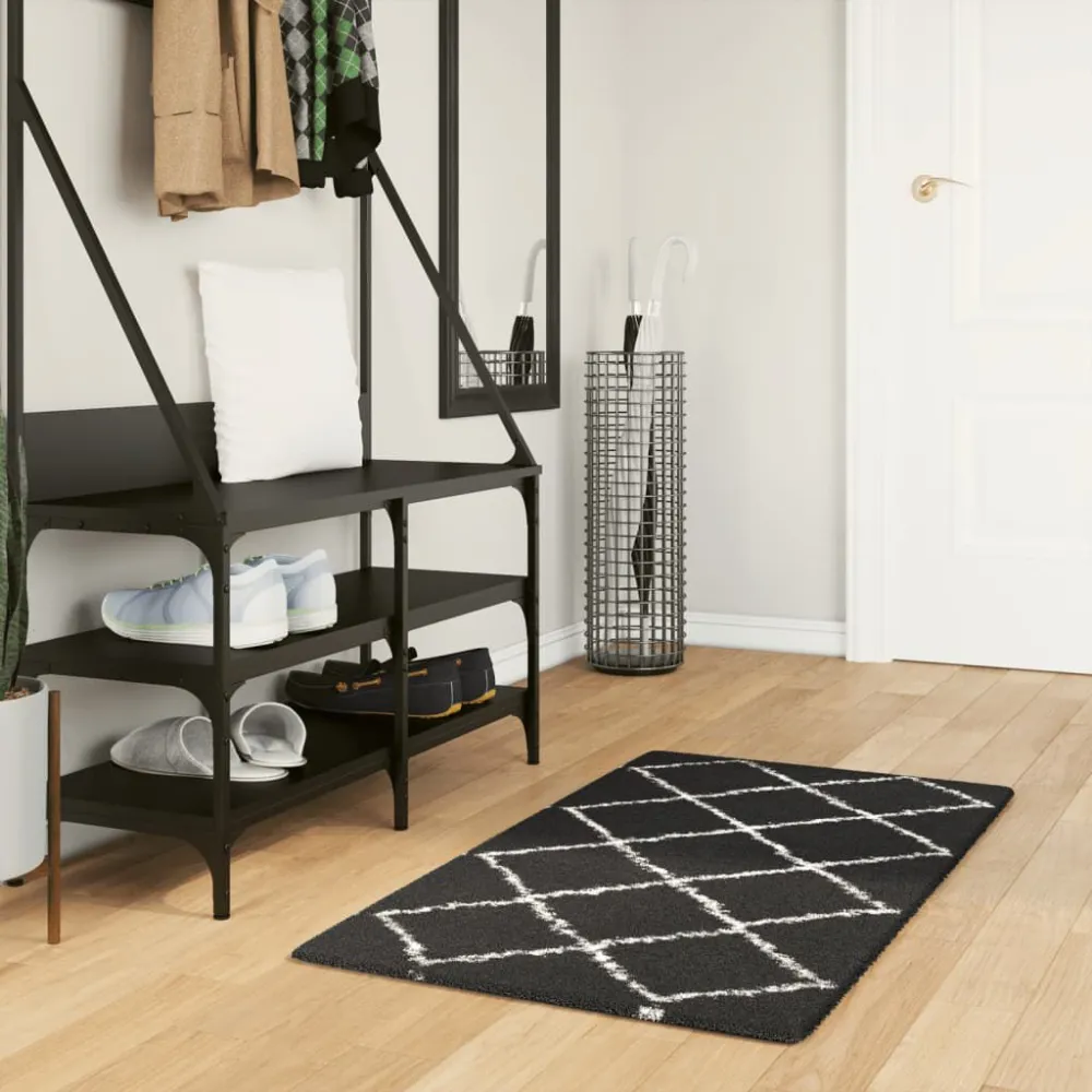 Tappeto Shaggy PAMPLONA Pelo Esteso Nero e Crema 60x110 cm