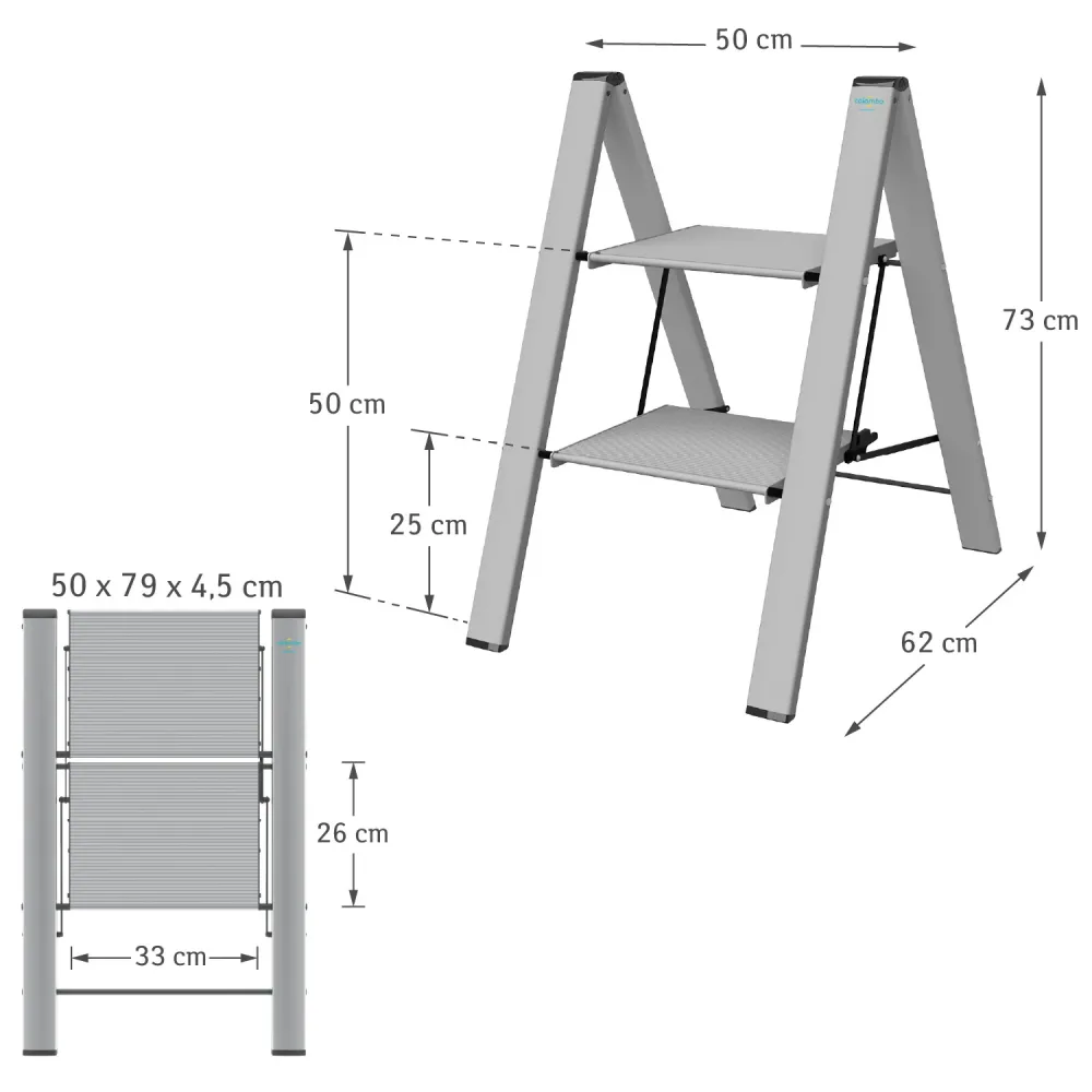 Colombo Leonardo 2 - Sgabello alluminio, Scaletta pieghevole, 2 gradini, 150 kg