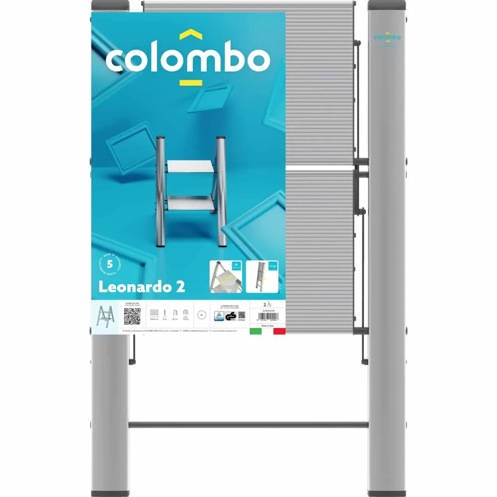 Colombo Leonardo 2 - Sgabello alluminio, Scaletta pieghevole, 2 gradini, 150 kg