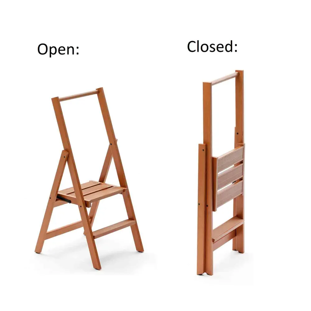 Scala pieghevole KIMORA 2, Scaletta 2 gradini antiscivolo, ampia pedana, piedini alla base, Scaletta legno, ciliegio