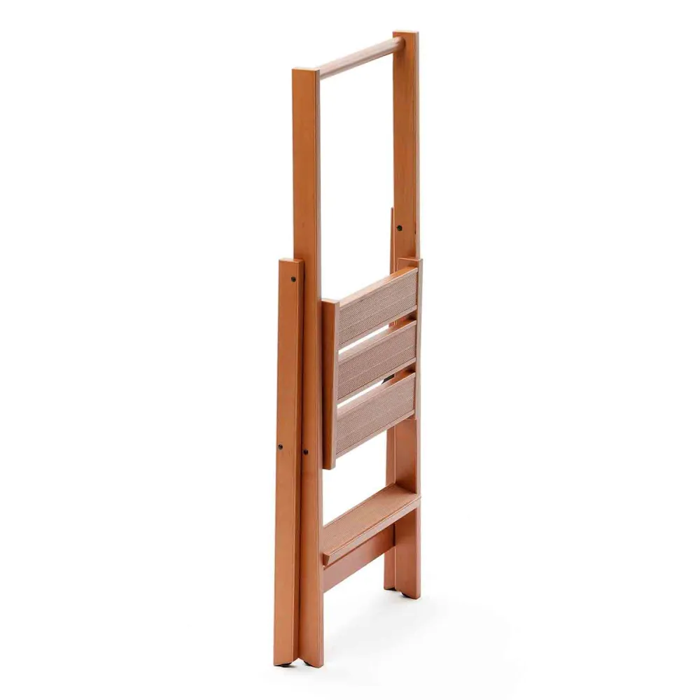 Scala pieghevole KIMORA 2, Scaletta 2 gradini antiscivolo, ampia pedana, piedini alla base, Scaletta legno, ciliegio