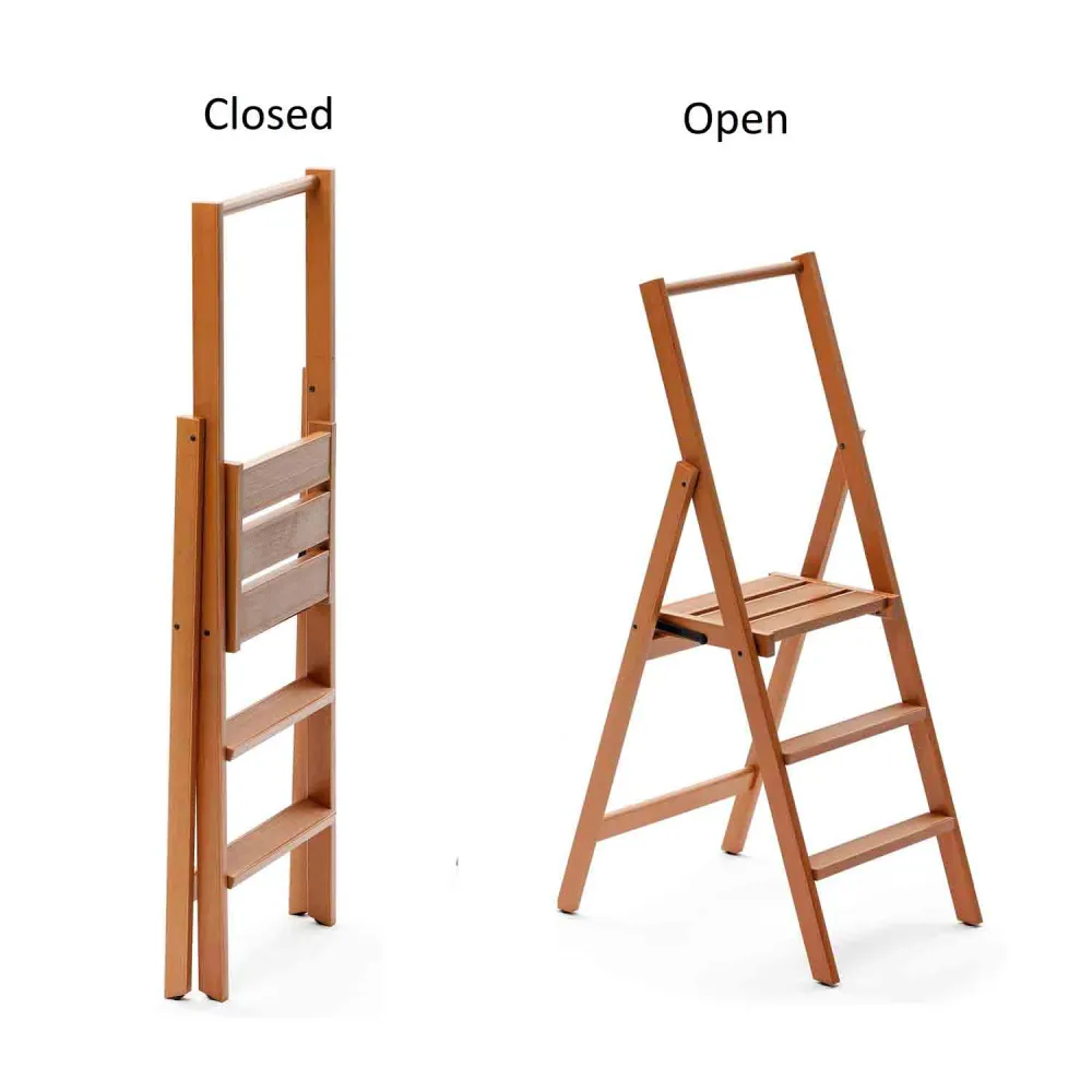 Scala Pieghevole KIMORA 3, gradini antiscivolo, ampia pedana, piedini alla base, Scaletta legno, ciliegio