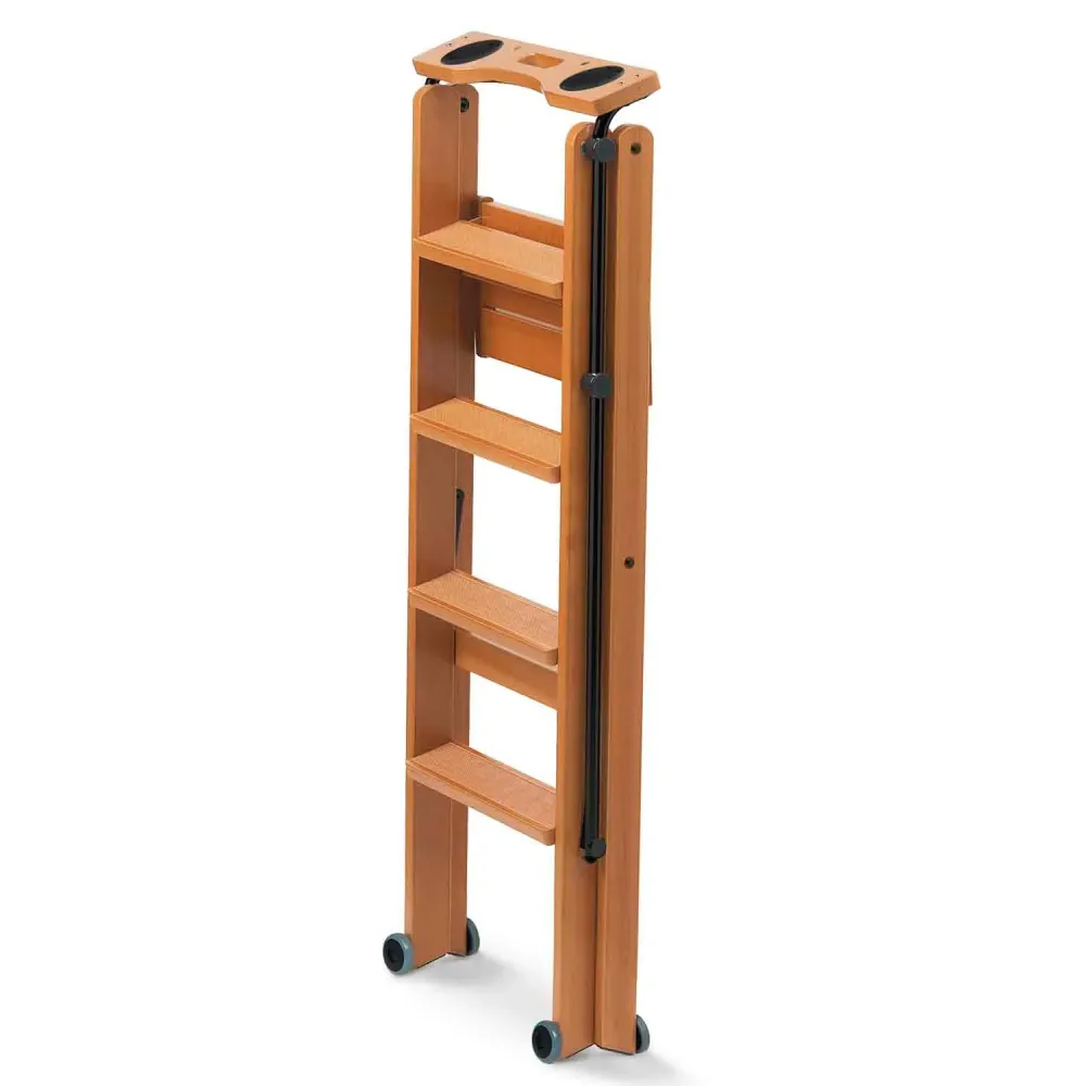 Scala pieghevole, Scaletta legno, TUSCANIA 4, gradini antiscivolo, sistema di sicurezza, vano portaoggetti superiore, ruote