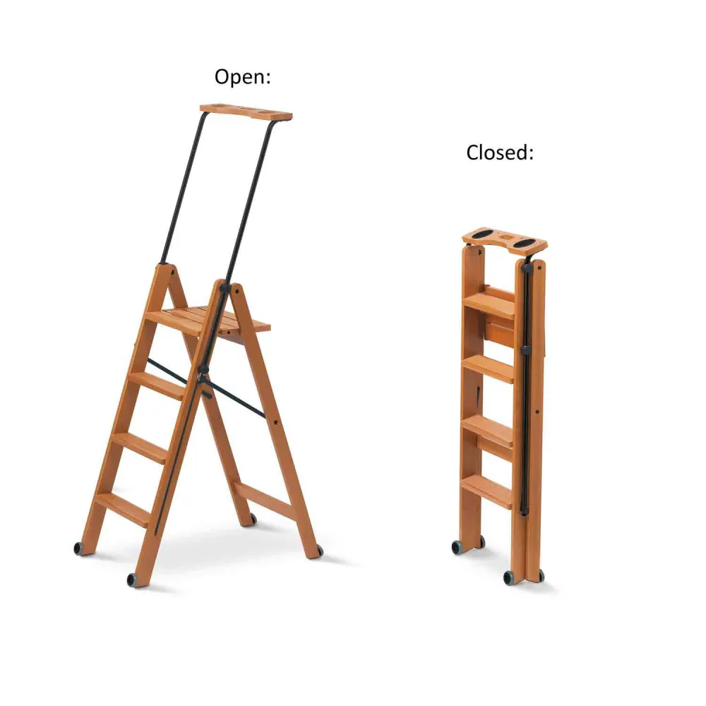 Scala pieghevole, Scaletta legno, TUSCANIA 4, gradini antiscivolo, sistema di sicurezza, vano portaoggetti superiore, ruote