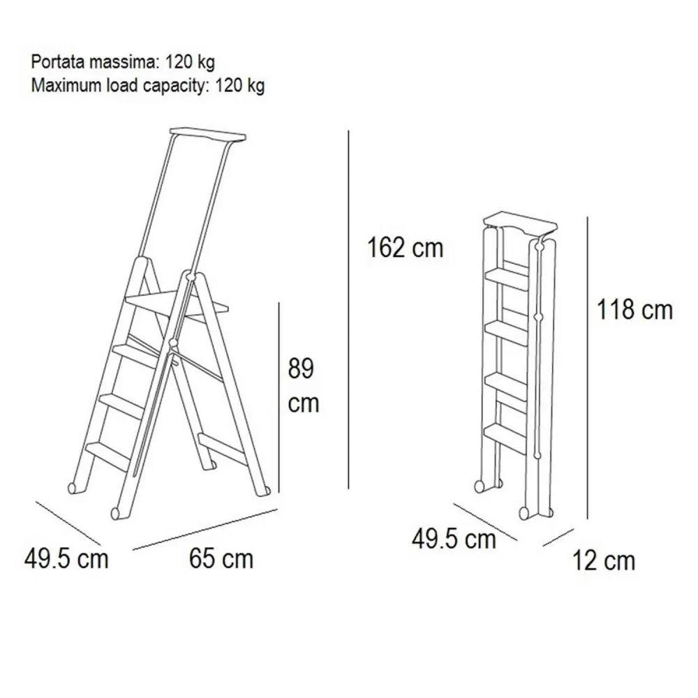 Scala pieghevole, Scaletta legno, TUSCANIA 4, gradini antiscivolo, sistema di sicurezza, vano portaoggetti superiore, ruote