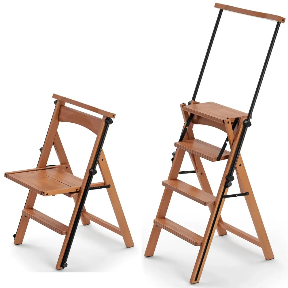 Scaletta 4 gradini ELETTA, Scaletta trasformabile e pieghevole con sistema di sicurezza, Scaletta legno, ciliegio