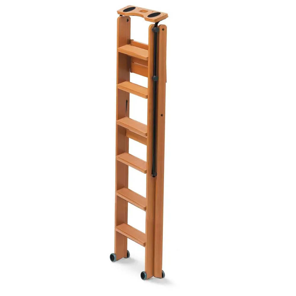 Scala TUSCANIA 6, gradini antiscivolo, sistema di sicurezza, vano portaoggetti superiore, ruote, Scaletta legno, ciliegio