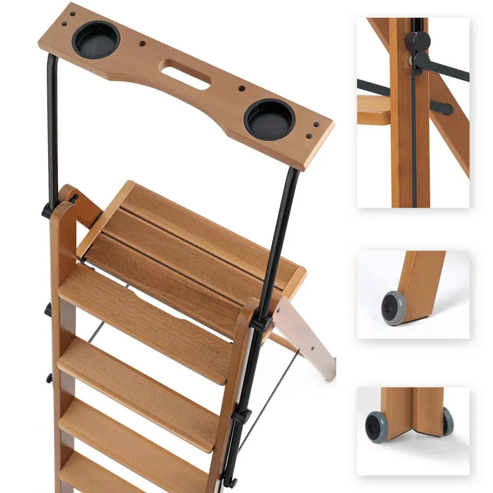 Scala TUSCANIA 6, gradini antiscivolo, sistema di sicurezza, vano portaoggetti superiore, ruote, Scaletta legno, ciliegio