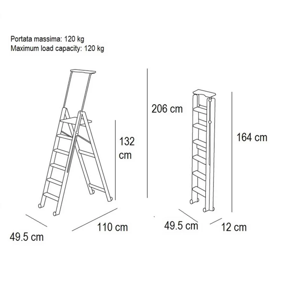 Scala TUSCANIA 6, gradini antiscivolo, sistema di sicurezza, vano portaoggetti superiore, ruote, Scaletta legno, ciliegio