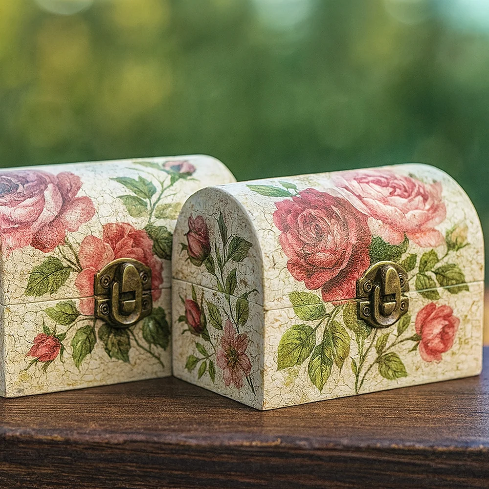 2 Scatole legno baule portagioie decorativo per decoupage