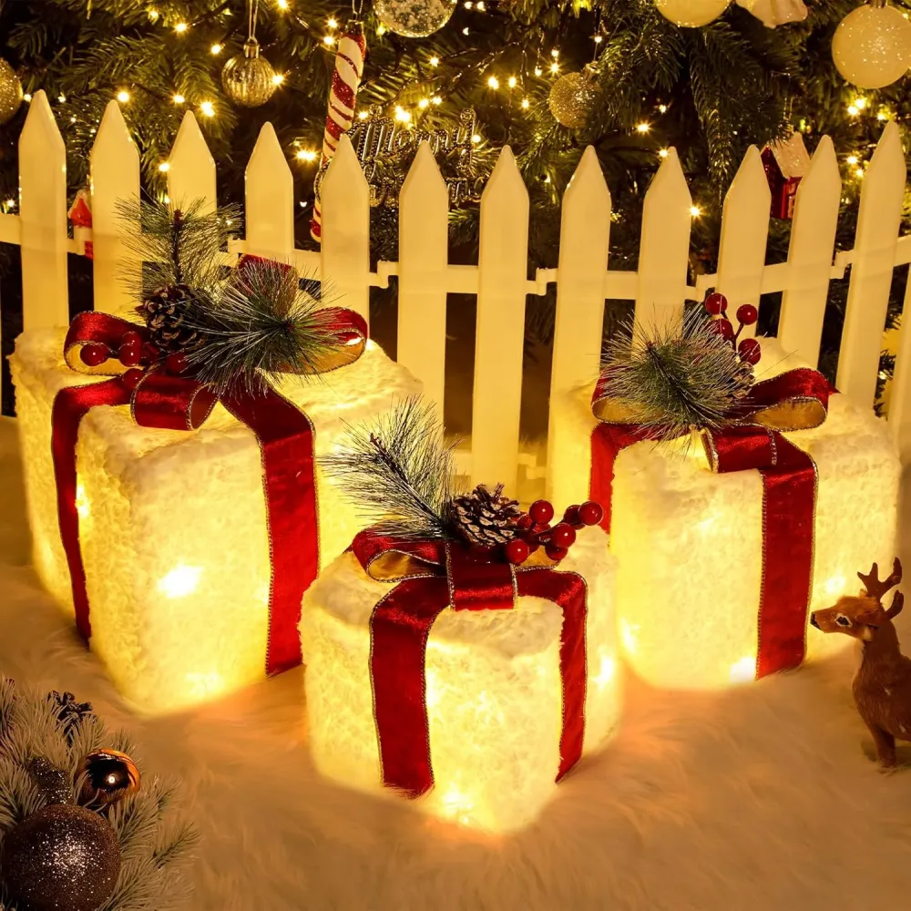 Scatole Regalo Illuminati di Natale, 8 Modalità e Funzione Timer Set di 3 Scatole Regalo Illuminanti con 60 LED Decorazion...