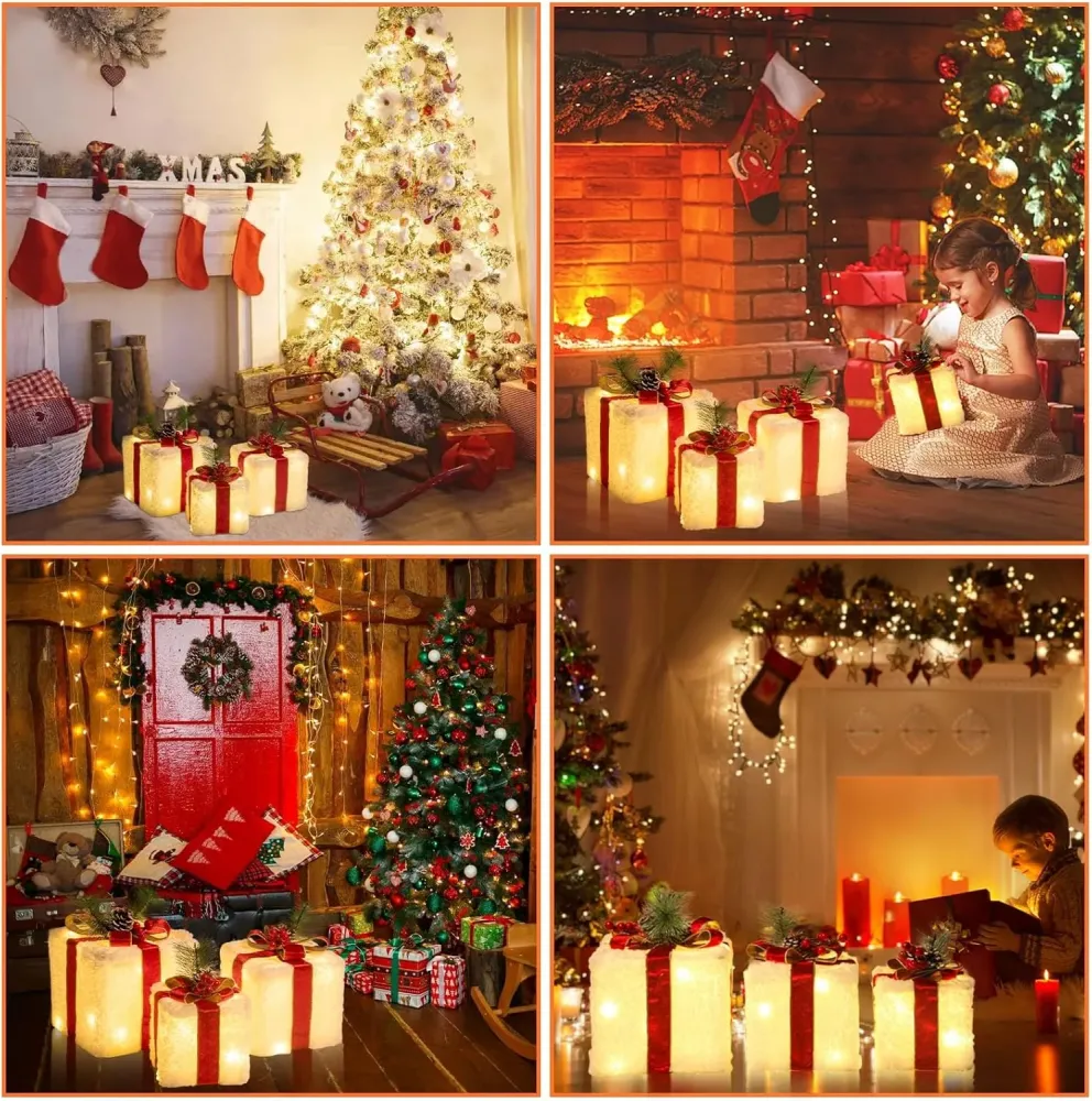 Scatole Regalo Illuminati di Natale, 8 Modalità e Funzione Timer Set di 3 Scatole Regalo Illuminanti con 60 LED Decorazion...