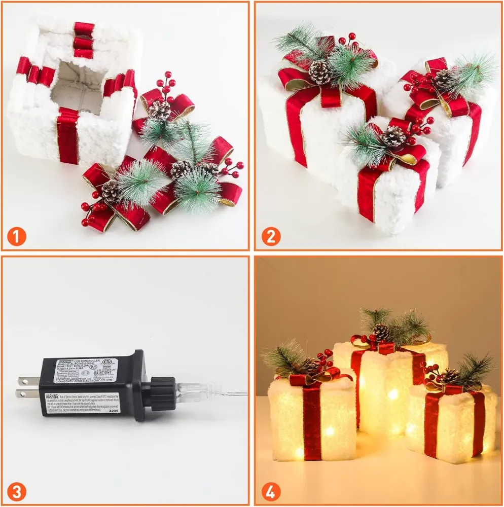 Scatole Regalo Illuminati di Natale, 8 Modalità e Funzione Timer Set di 3 Scatole Regalo Illuminanti con 60 LED Decorazion...