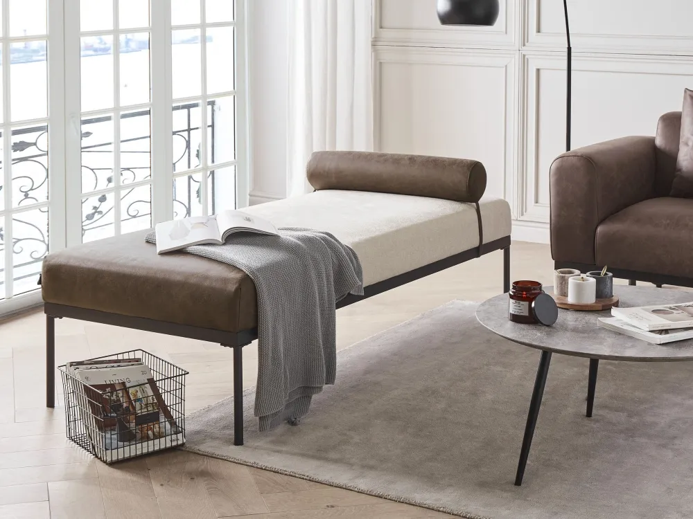 Chaise longue lino sintetico ed ecopelle beige e marrone fosco MALMOS