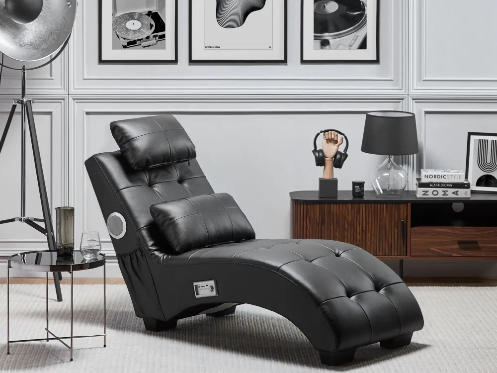 Chaise longue pelle sintetica grigio con casse bluetooth SIMORRE