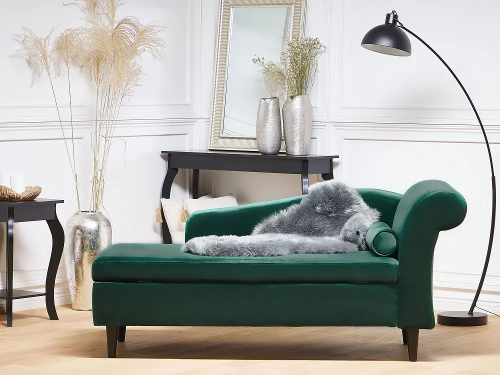 Chaise longue velluto verde smeraldo e legno cupo destra LUIRO