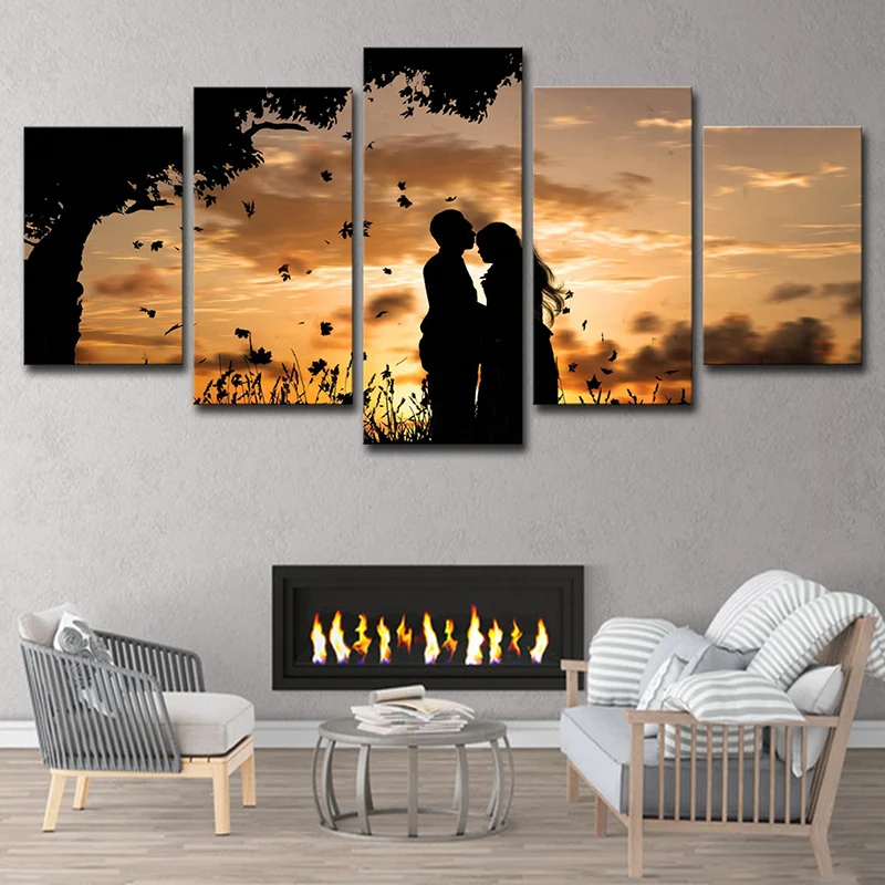 Decorazione da parete su tela con paesaggio romantico al tramonto per soggiorno, marrone-giallo, multipezzo