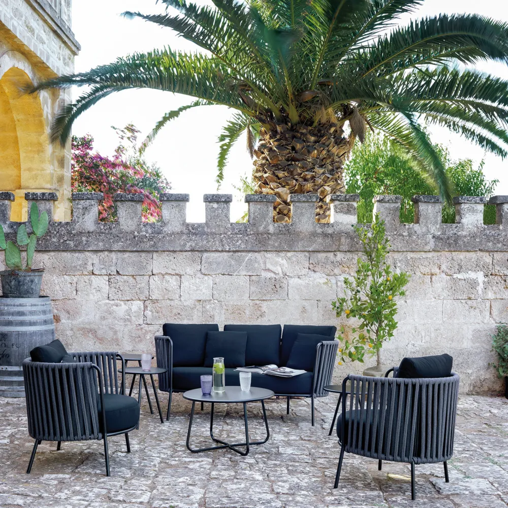 Poltrona bassa corda e acciaio inox "Daisy Rope" sedia lounge da giardino cm 74x74 69h