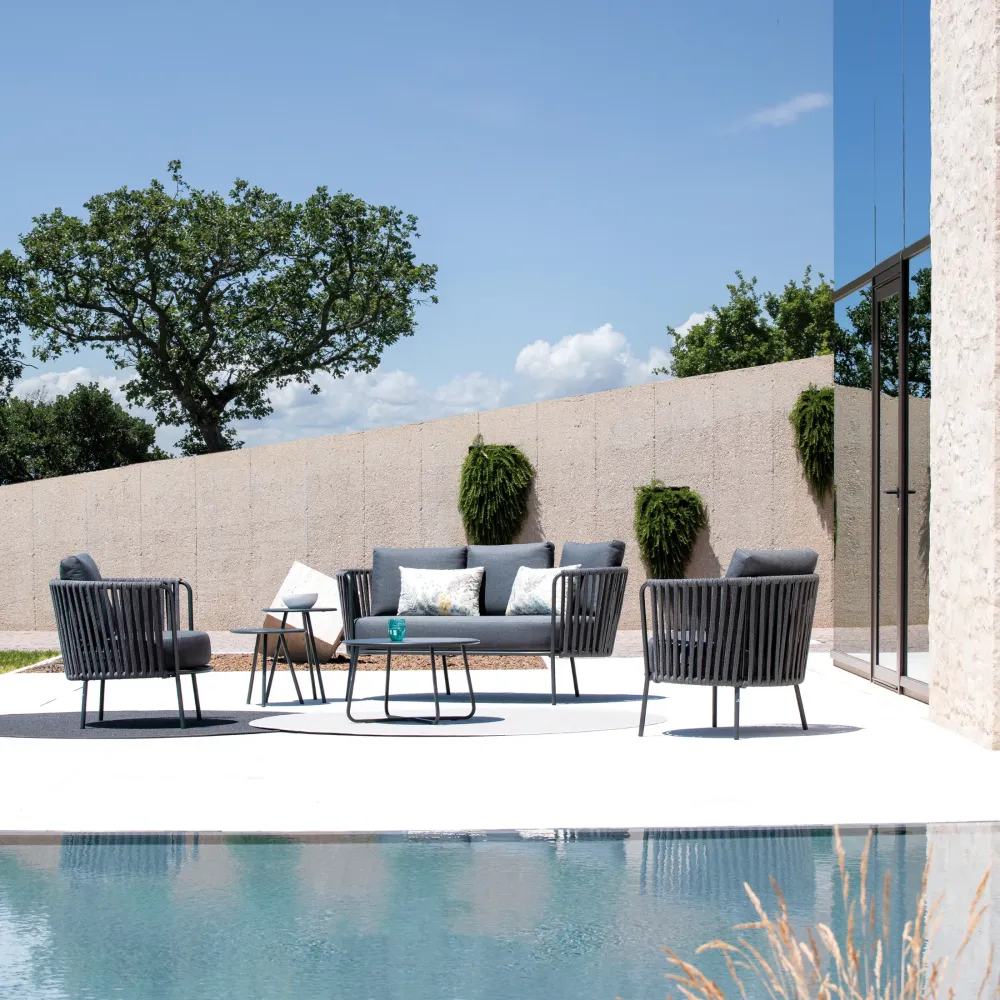 Poltrona bassa corda e acciaio inox "Daisy Rope" sedia lounge da giardino cm 74x74 69h