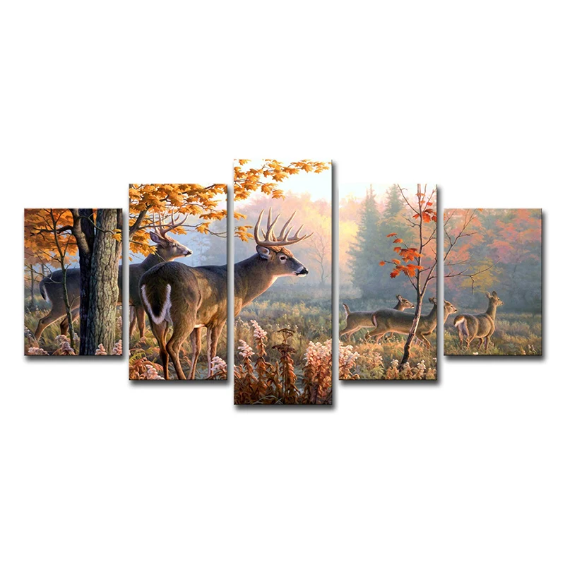 Quadro su tela multipezzo, decorazione da parete contemporanea con mandria di cervi nella foresta autunnale marrone