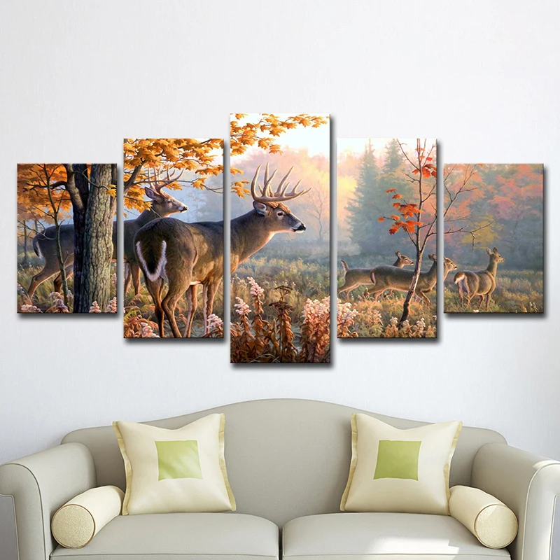 Quadro su tela multipezzo, decorazione da parete contemporanea con mandria di cervi nella foresta autunnale marrone