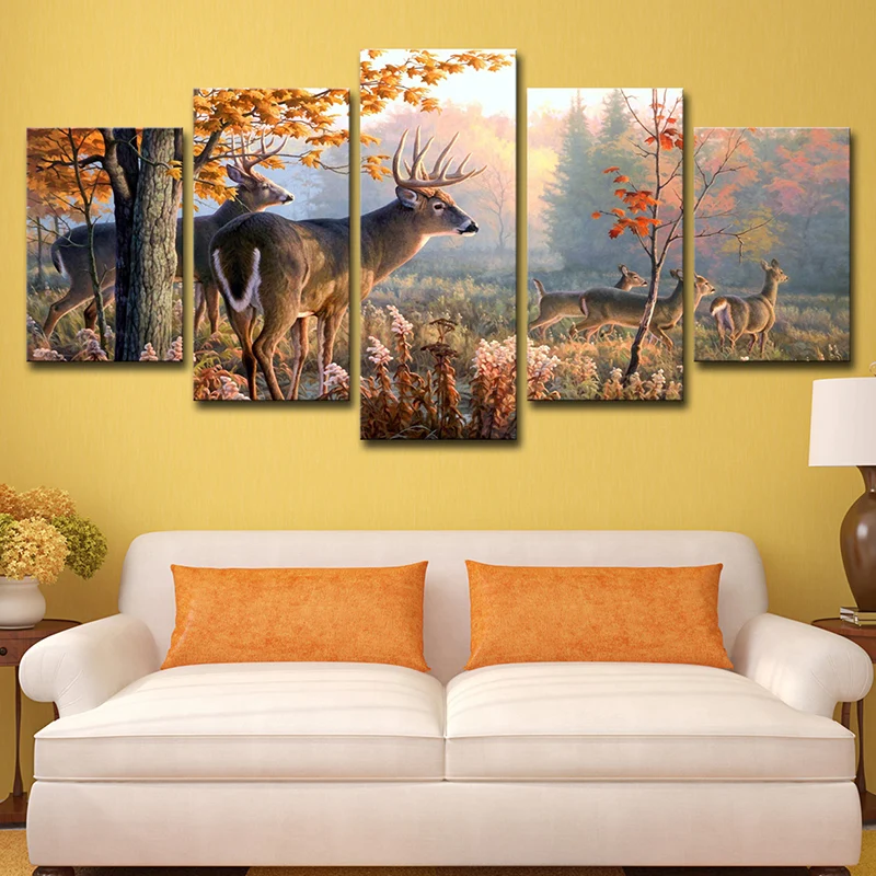 Quadro su tela multipezzo, decorazione da parete contemporanea con mandria di cervi nella foresta autunnale marrone