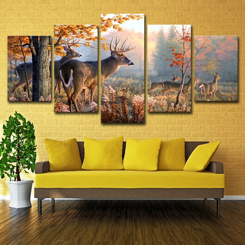 Quadro su tela multipezzo, decorazione da parete contemporanea con mandria di cervi nella foresta autunnale marrone