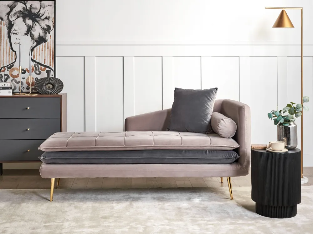 Right Hand Velvet Chaise Lounge Panna and Grey GONESSE
