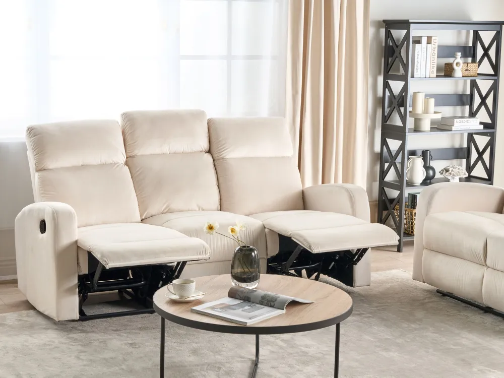 3 Seater Velvet Meccanico Recliner Sofa White VERDAL