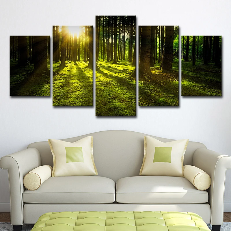 Il sole splende attraverso la foresta, decorazione da parete moderna tela multipezzo per soggiorno verde
