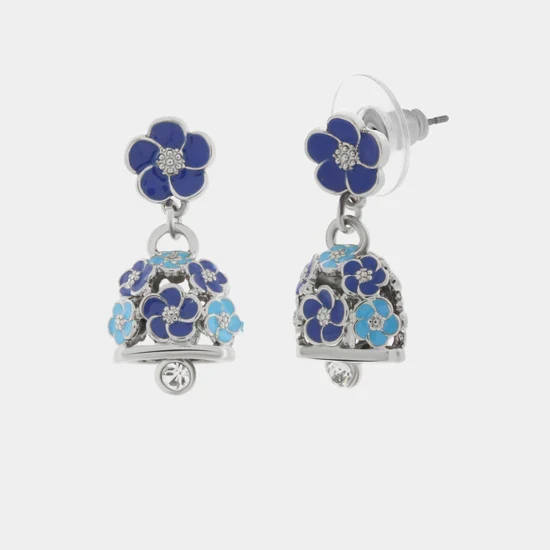 AmoCapri Orecchini Metallo con campanella e fiori blu, azzurri e bianchi