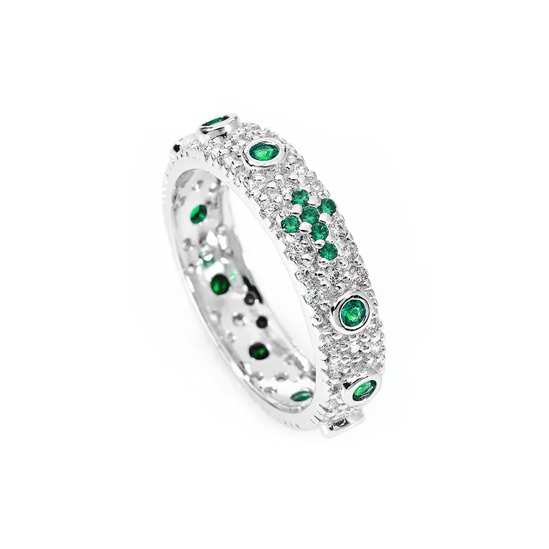 Anello rosario unisex oro bianco e pietre bianche e verdi