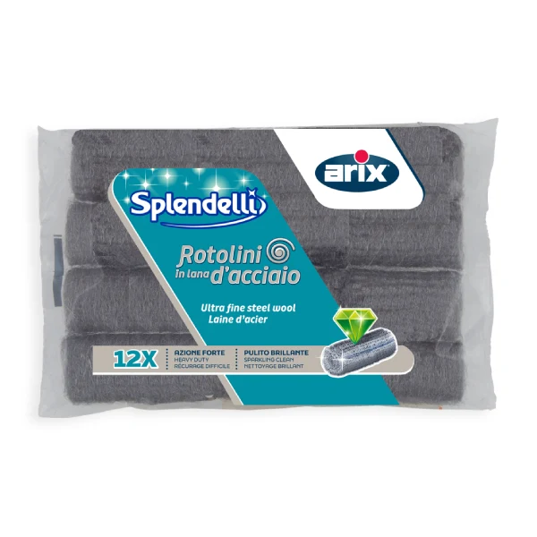 Arix Splendelli Rotolini Lana d'Acciaio Ultra Fine | 12 Pezzi | Azione Forte per Incrostazioni e Bricolage | Pulito Brillante