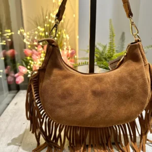 Borsa con Frange Vera Pelle Scamosciata Mezzaluna Cuoio ARYA