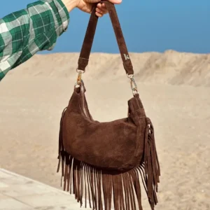 Borsa con Frange Vera Pelle Scamosciata Mezzaluna Marrone ARYA