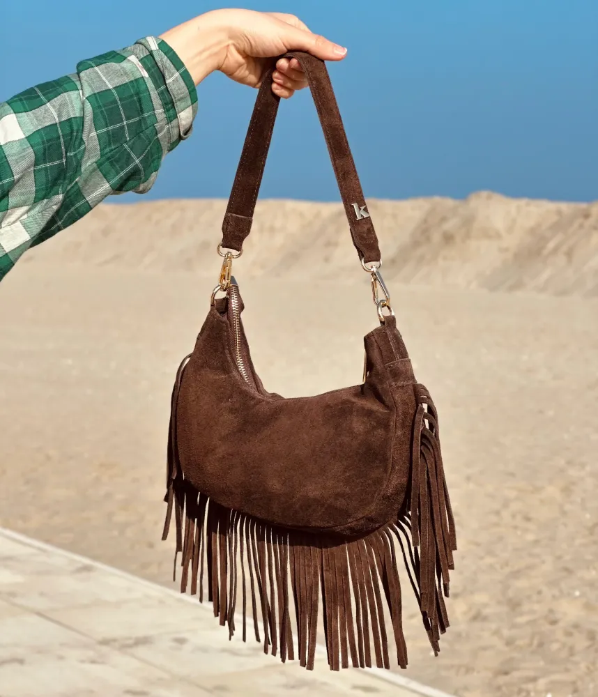 Borsa con Frange Vera Pelle Scamosciata Mezzaluna Marrone ARYA