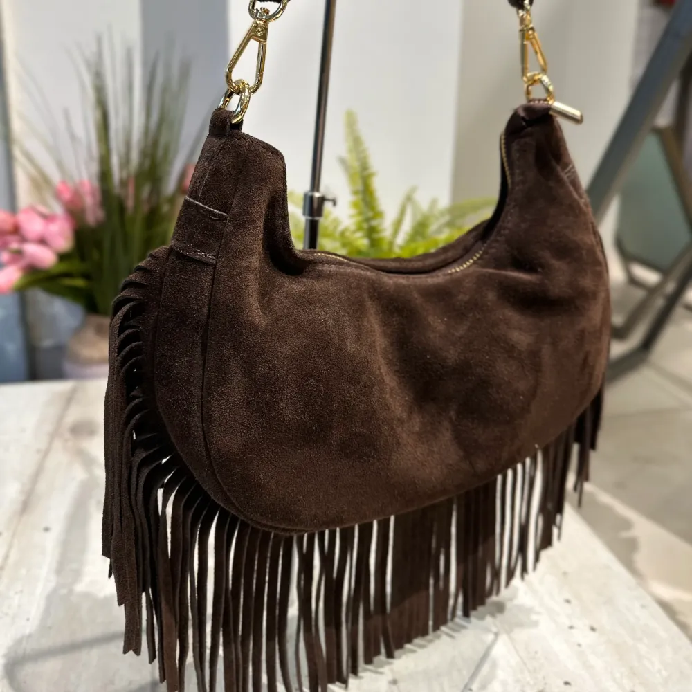 Borsa con Frange Vera Pelle Scamosciata Mezzaluna Marrone ARYA