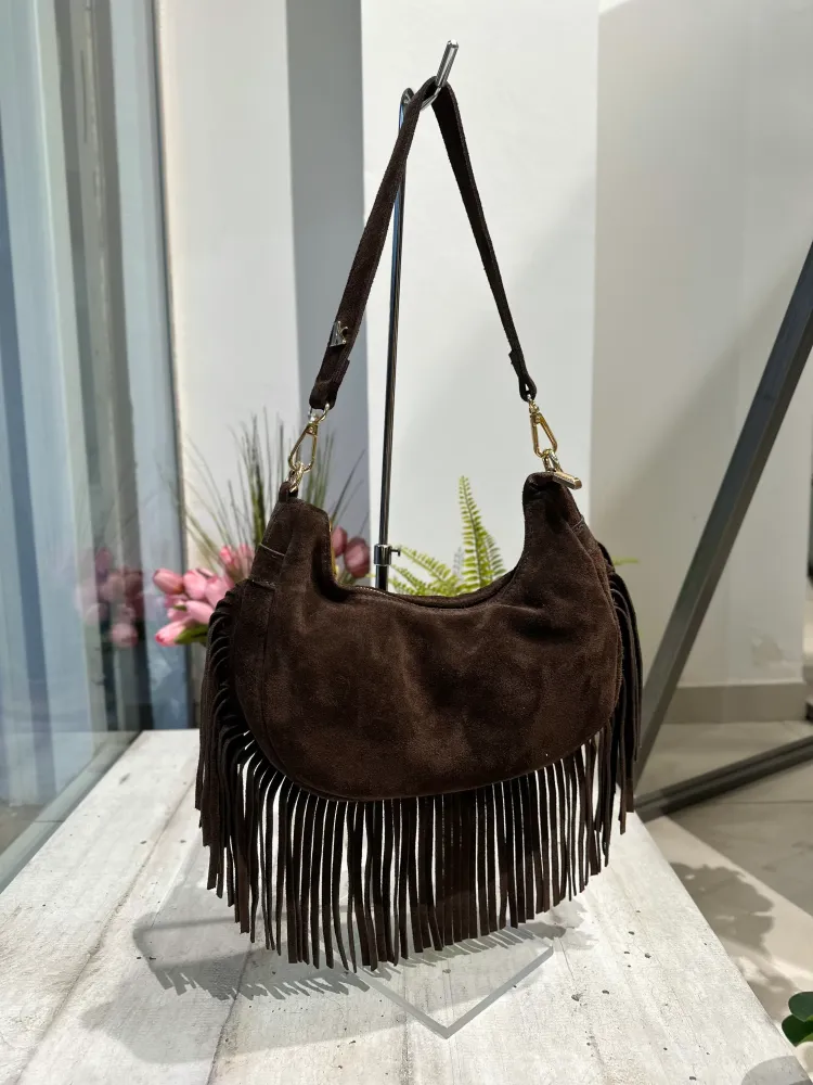 Borsa con Frange Vera Pelle Scamosciata Mezzaluna Marrone ARYA