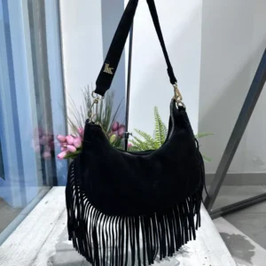 Borsa con Frange Vera Pelle Scamosciata Mezzaluna Nero ARYA