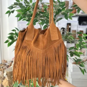 Borsa Grande con Frange Sacca Spalla vera pelle Scamosciata cuoio