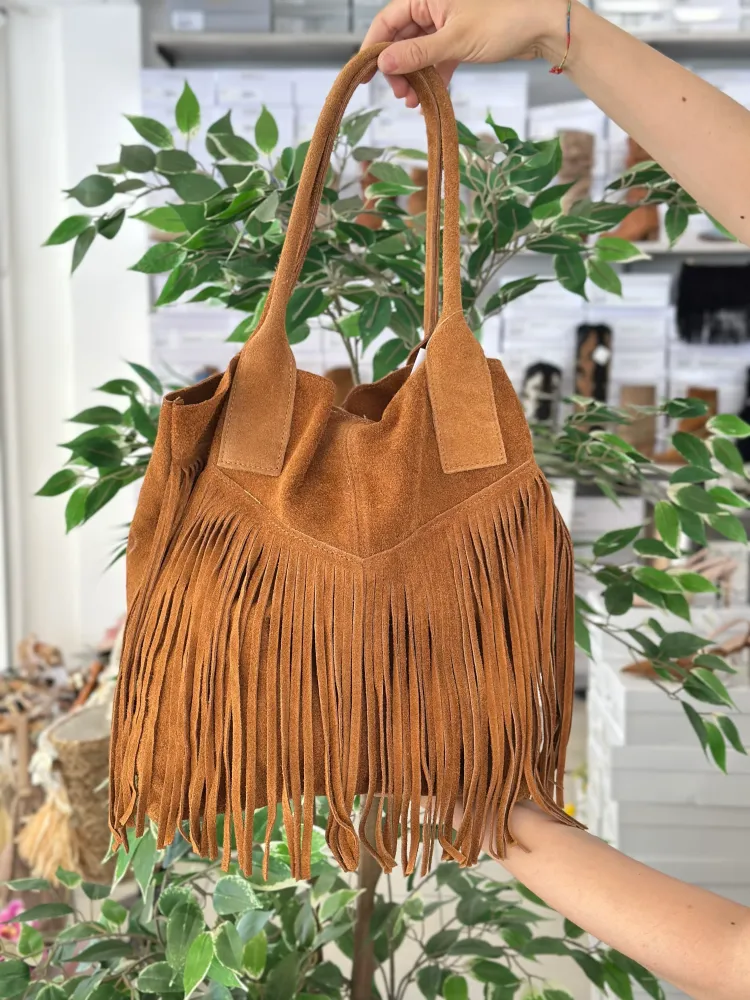 Borsa Grande con Frange Sacca Spalla vera pelle Scamosciata cuoio