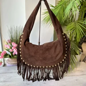 Borsa Spalla con Borchie Dorate Frange Pelle Scamosciata Marrone MARLA
